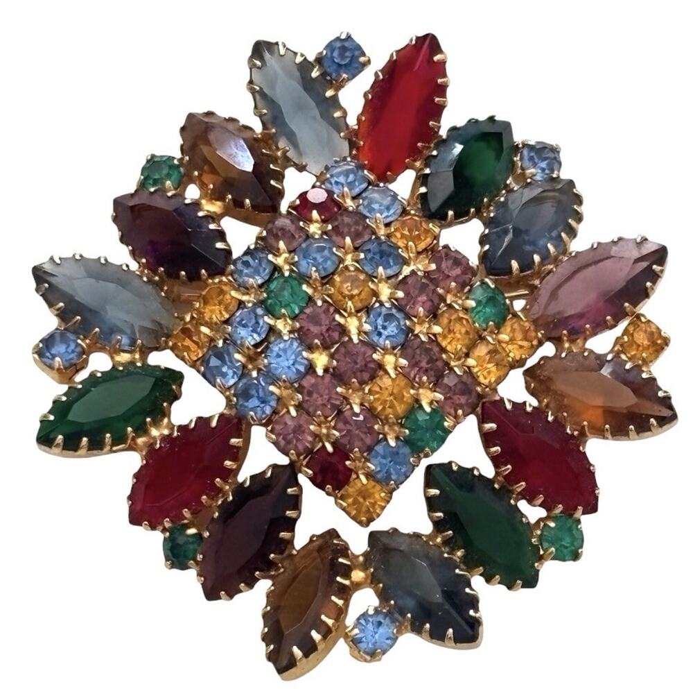 Juliana Ultimate Maltese Cross multicolored sawtooth setting glass brooch